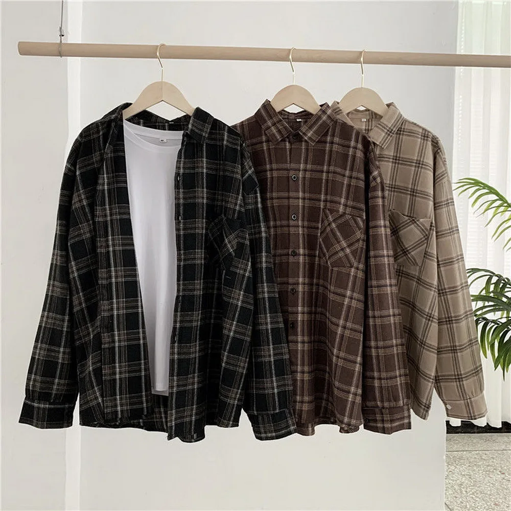 Women Shirt Plaid Oversize 3XL Turn-down Collar Leisure Fashion Loose All-match Womens Long Sleeves Soft Chic Korean Style Tops 
Women Shirt Plaid Oversize 3XL Turn-down Collar Leisure Fashion Loose All-match Womens Long Sleeves Soft Chic Korean Style Tops