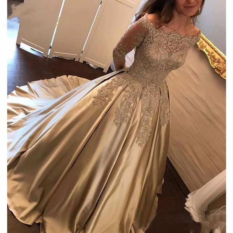 Элегантные Выпускные платья с длинным рукавом Vestidos de fiesta Aline золотые Формальные