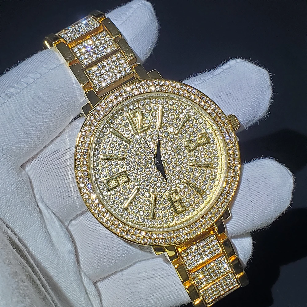 

Hiphop MISSFOX Diamond Arabic Numerals Mens Watches Round Analog Steel Watchband Waterproof Arab Numbers Bling Quartz Wristwatch