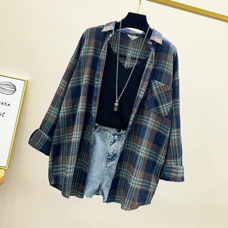 Spring Women Korean Cotton Brushed Plaid Shirt Long Sleeve All-match Turn-down Collar Single-breasted Blouse Blusa 2021 Y703
Spring Women Korean Cotton Brushed Plaid Shirt Long Sleeve All-match Turn-down Collar Single-breasted Blouse Blusa 2021 Y703