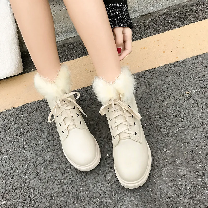 Фото Теплая Бархатная женская обувь с круглым носком и кроличьим мехом ботинки