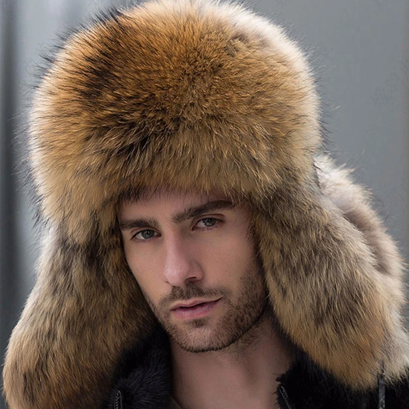 Russian leather bomber hat men winter hats with earmuffs trapper earflap cap man real raccoon fur black fox hatska | Аксессуары для