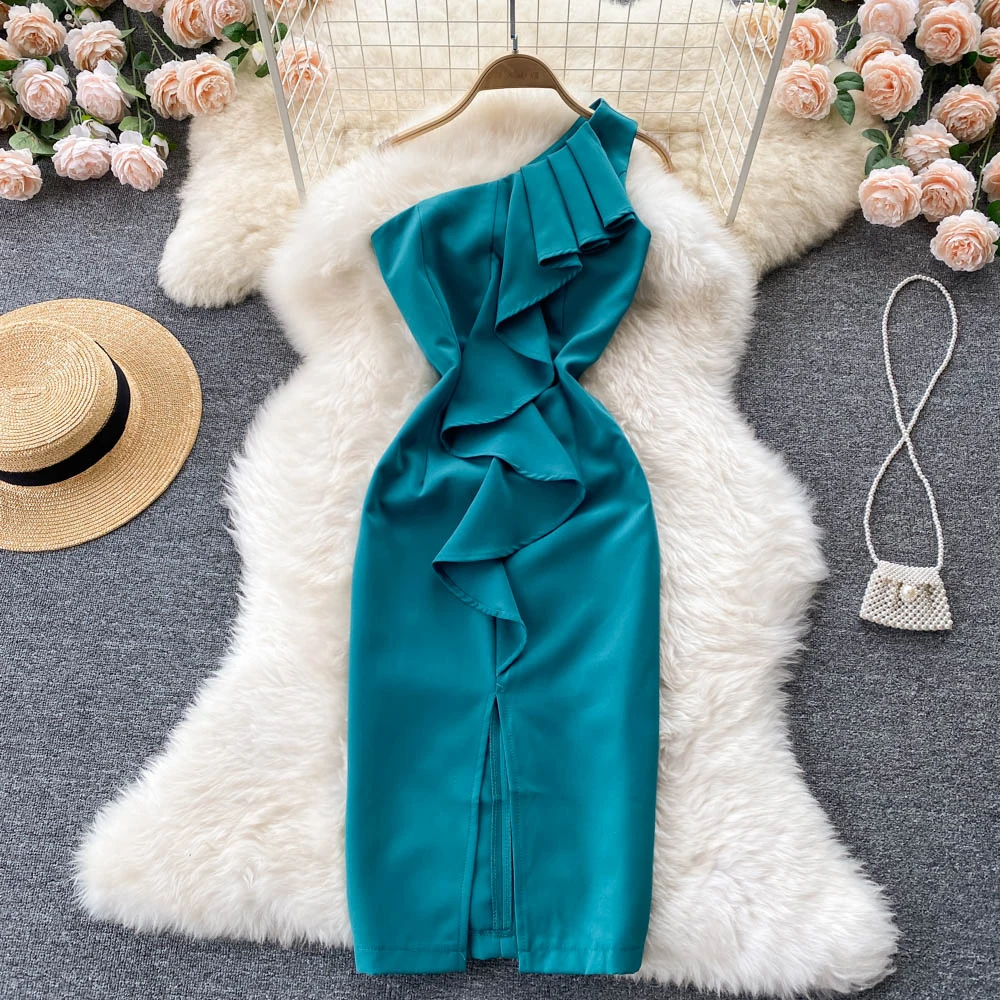 B523 Women New Fashion Sexy Diagonal Neck Sleeveless Ruffle Slim Split Dress Solid Color Vestidos De Mujer
B523 Women New Fashion Sexy Diagonal Neck Sleeveless Ruffle Slim Split Dress Solid Color Vestidos De Mujer