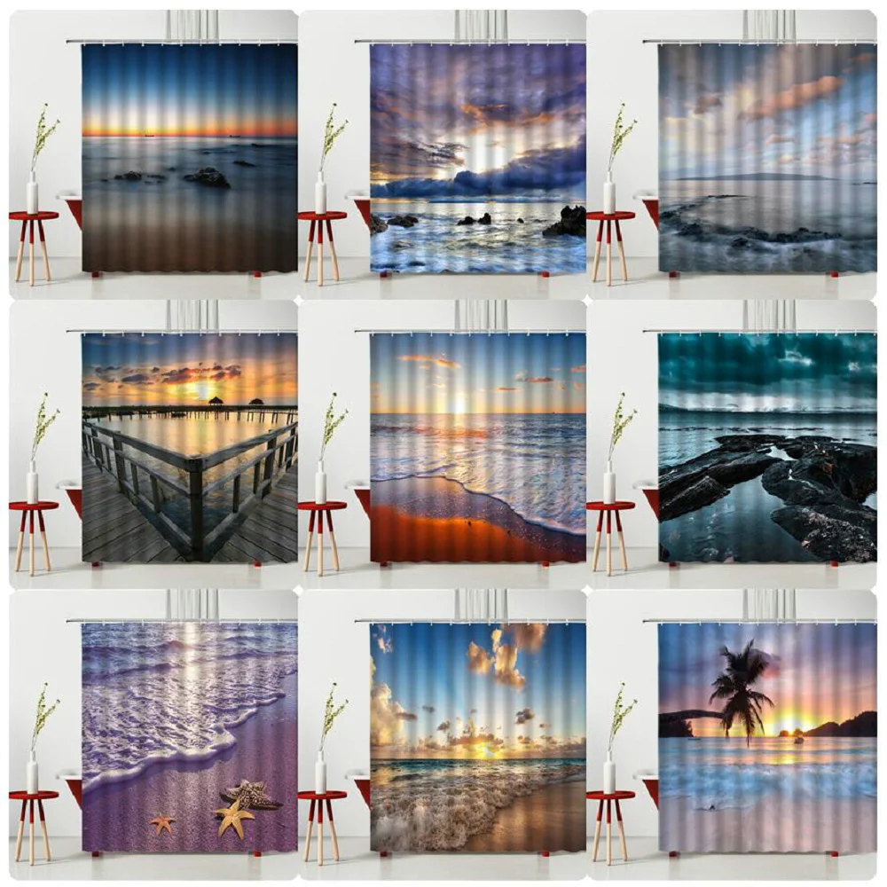 

Summer Scenery Shower Curtain Night Reef Starfish Heart Shaped Island Coconut Tree Bathtub Decoration Bedroom Curtain