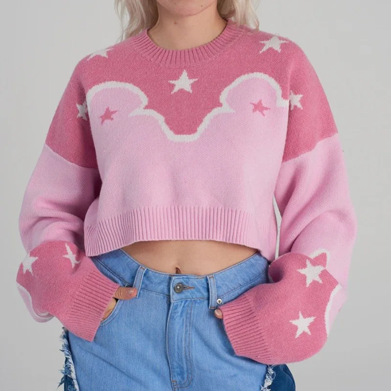 Ladies Star Pattern Pullover, Pink Short Sweater, Printed O-neck Sweet Long-sleeved Crop Top, Fall Casual Pullover Knit y2k psg
Ladies Star Pattern Pullover, Pink Short Sweater, Printed O-neck Sweet Long-sleeved Crop Top, Fall Casual Pullover Knit y2k psg