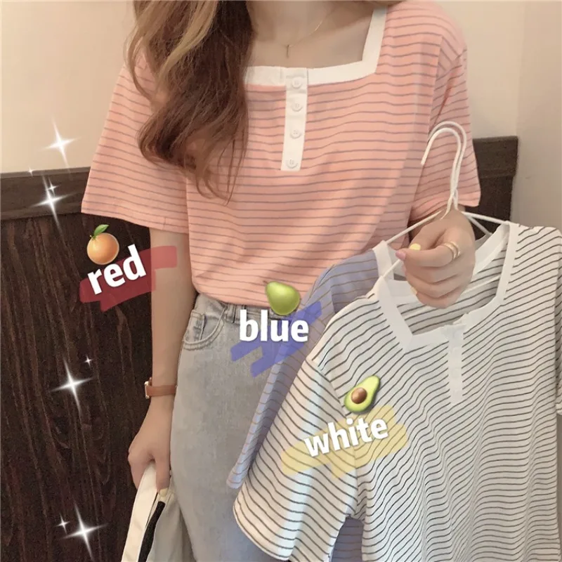 Women's Short-Sleeved T-shirt 2021 Summer New Fresh Loose Contrast Color Square Collar Striped Student Short Casual Top
Women's Short-Sleeved T-shirt 2021 Summer New Fresh Loose Contrast Color Square Collar Striped Student Short Casual Top