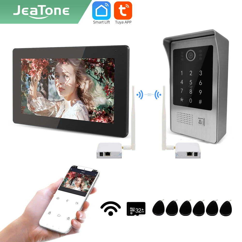 

Jeatone Tuya smart 7 inch WIFI IP Video intercom phone doorbell camera system with wireless WIFI Bridge Box87217 black