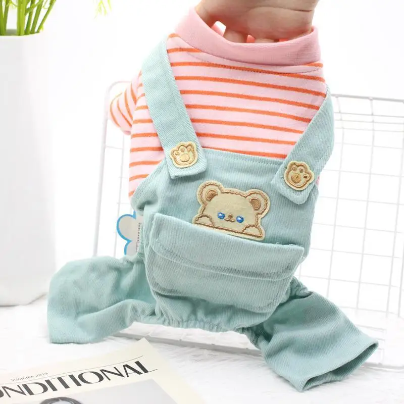 

[2021HotSale]Autumn Puppy Dog Clothes Pet Teddy Small Dog Puppies Autumn and Winter Striped Overalls Four-legged Pet Clothes