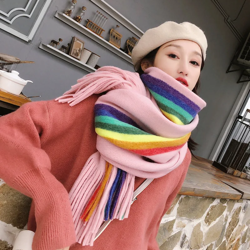 

Winter Thickened Rainbow Stripes Fashion Casual Women's Scarf Imitation Cashmere Neckerchief Tie-dye Color Matching Warm Shawl