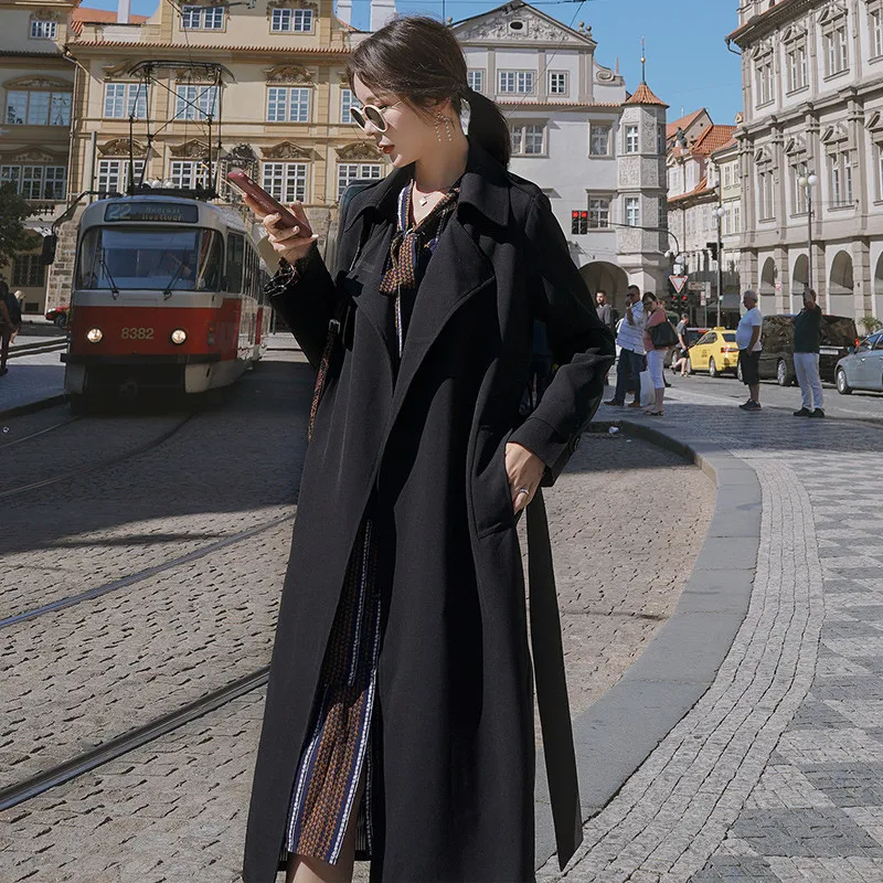 

Новая мода черный костюм воротник длинный плащ женский 2020 весна осень темперамент двубортный ветровка для женщин m566
