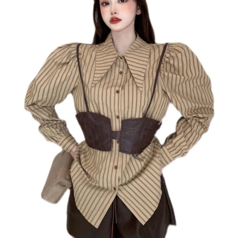 Korean Striped Mid-length Loose Lantern Long-sleeved Shirt + two-Piece Pu Leather strap Fashion Clothes Women 2021 New 380B
Korean Striped Mid-length Loose Lantern Long-sleeved Shirt + two-Piece Pu Leather strap Fashion Clothes Women 2021 New 380B