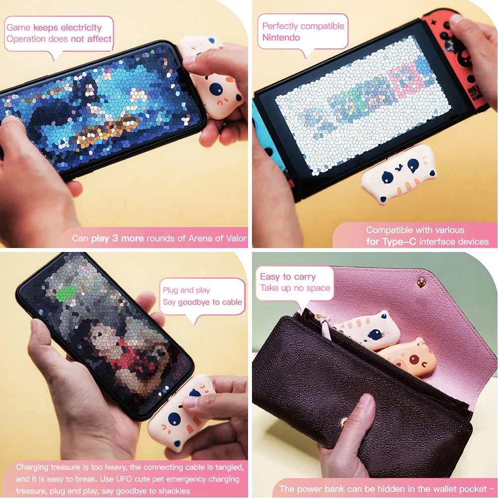 800mAh Mini Power Bank Cute Cat USB C Portable External Battery Case Charger with LED Night Light cartoon Fast charging power |