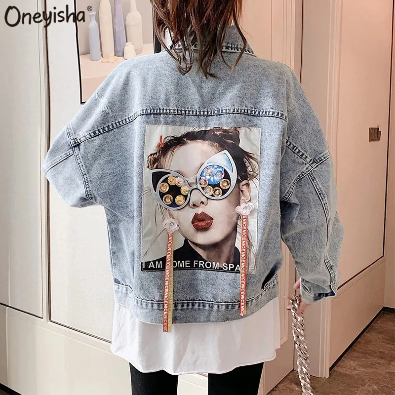 

Women Denim Jacket Feminine Printed Spring Autumn Short Outwear Jean Jackets New Outerwear Female Veste Femme Cowboy Tops Female