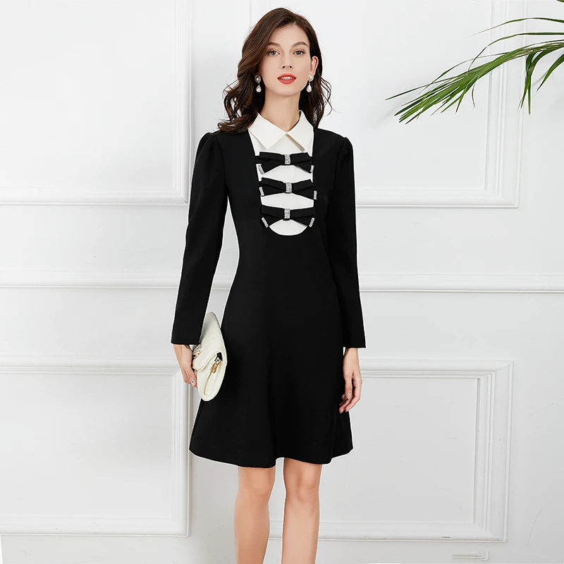 MIUXIMAO 2021 New Autumn Women's Clothing Lapel Long Sleeve Bow Slim Waist Dress Fashion Elegant Office Style 
MIUXIMAO 2021 New Autumn Women's Clothing Lapel Long Sleeve Bow Slim Waist Dress Fashion Elegant Office Style