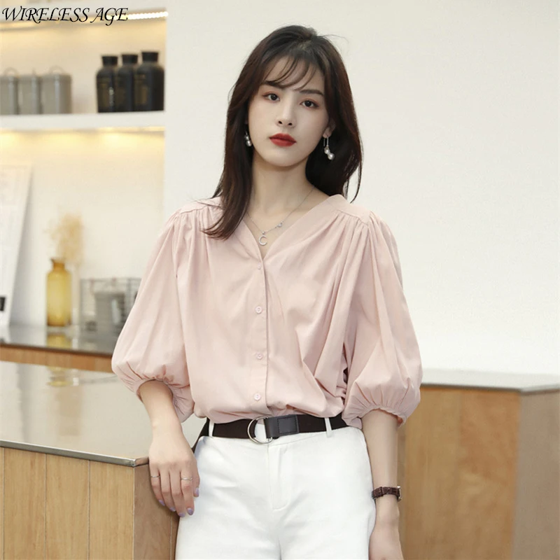 WIRELESS AGE Retro Puff Sleeve Shirt Loose Sexy V Neck Shirt Thin Top 2021 Summer New Korean Style Women's Fashion Daily Wild 
WIRELESS AGE Retro Puff Sleeve Shirt Loose Sexy V Neck Shirt Thin Top 2021 Summer New Korean Style Women's Fashion Daily Wild