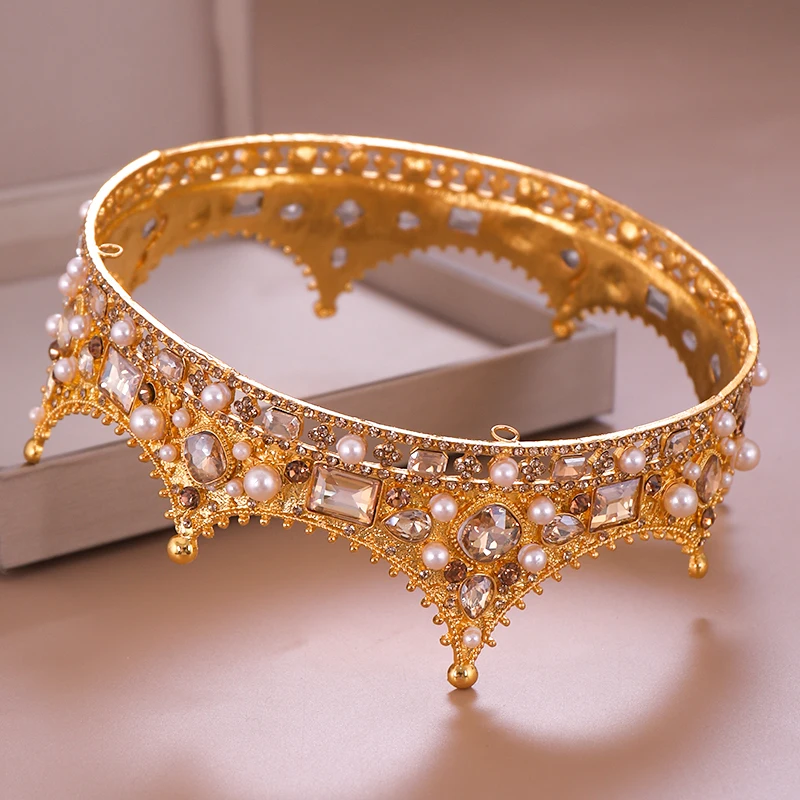 Винтажная тиара в стиле барокко с кристаллами и жемчугом Золотая свадебная