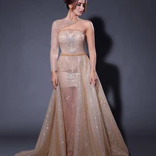 Дубай блестящее вечернее платье 2020 на одно плечо золотое с