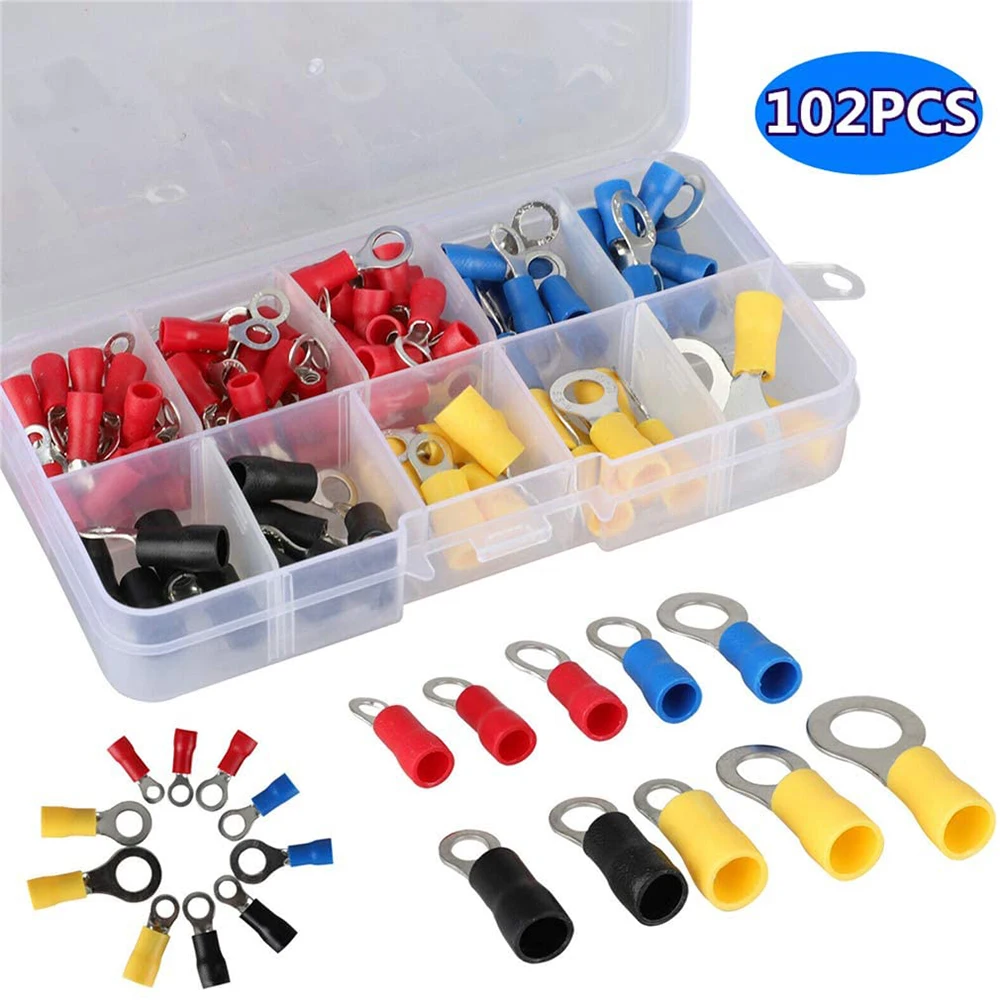 102pcs Electrical Crimp Connector Kit 10 Kinds RV Ring Terminals With Box Insulated Copper Wire Pin Butt
102pcs Electrical Crimp Connector Kit 10 Kinds RV Ring Terminals With Box Insulated Copper Wire Pin Butt