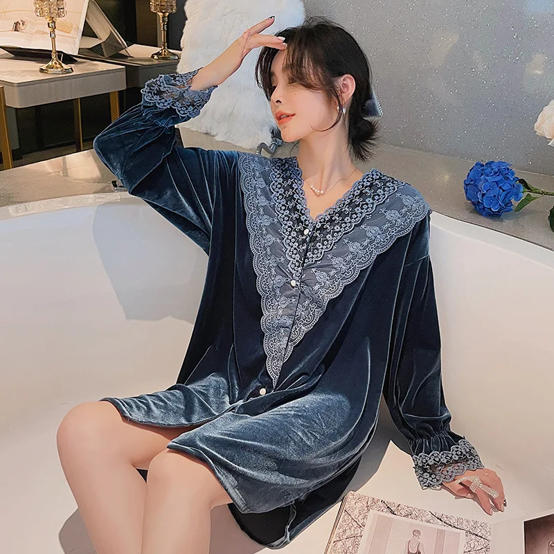 Gray Lace Trim Nightgown Women Velvet Sleepshirt Long Sleeve Sleep Dress Autumn New Nightdress Velour Loungewear Home Dress
Gray Lace Trim Nightgown Women Velvet Sleepshirt Long Sleeve Sleep Dress Autumn New Nightdress Velour Loungewear Home Dress