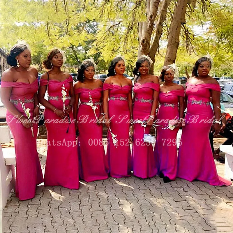 

Hot Pink Mermaid Bridesmaid Dresses With Appliques 2020 Off Shoulder Vestido De Fiesta De Boda Long Wedding Party Dress Gown