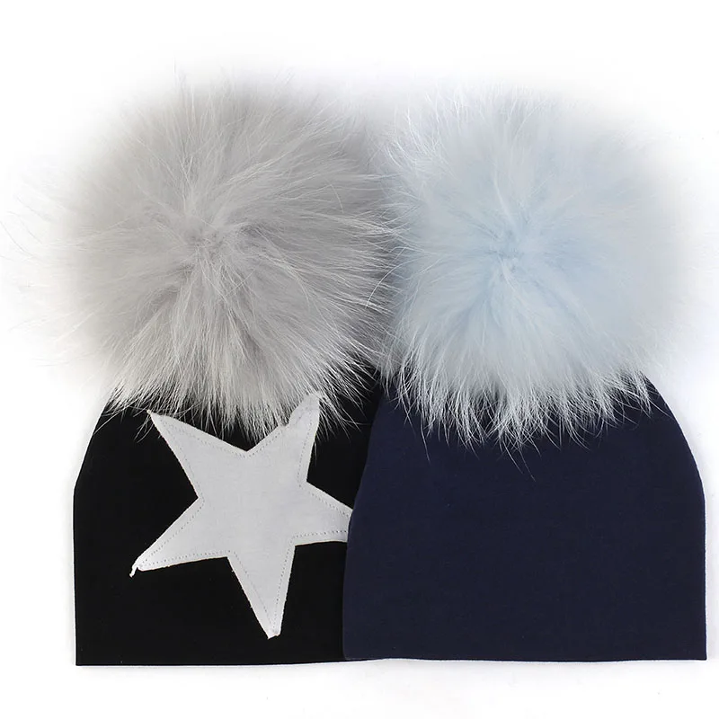 Geebro Newborn Baby Hat Real raccoon fur ball Pompom Beanie Cotton Solid Hats For Girls Boys Toddler Winter Children Caps | Аксессуары