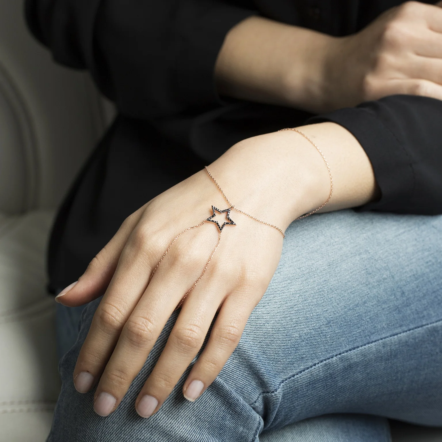 Silver Star Charm Ring Bracelet Chain RingTurkish Handmade 925 Sterling Silver Slave Bracelet