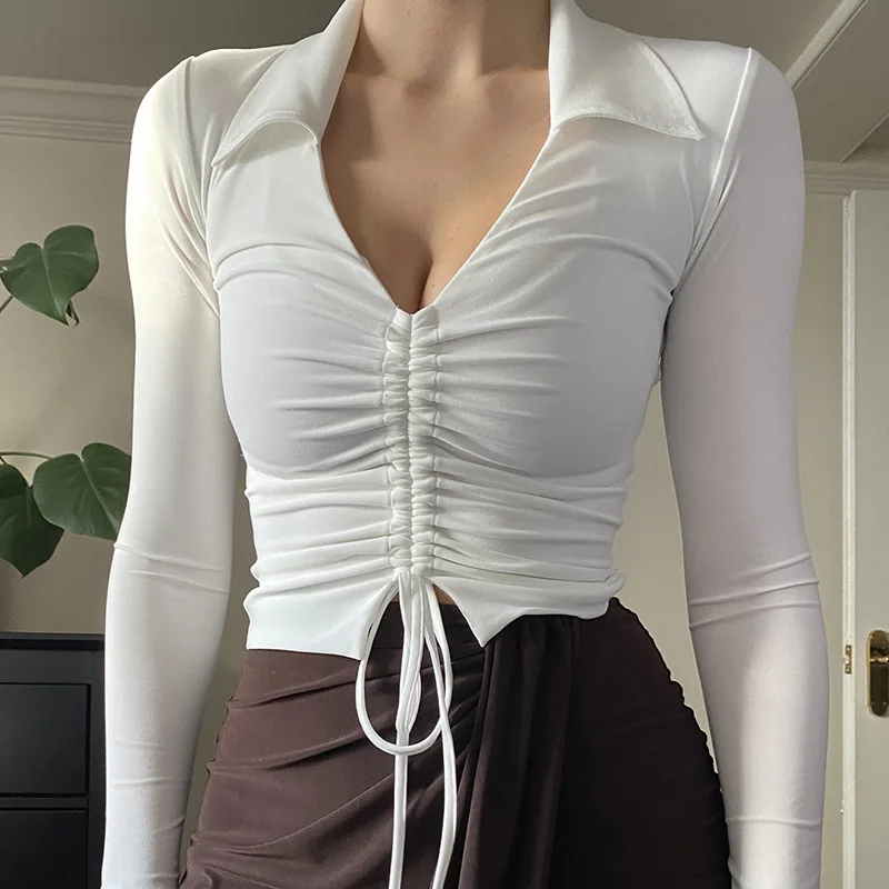 wsevypo Casual Tie Up Front T-Shirts Autumn Solid Color Lapel V-Neck Crop Tops Women Slim Fit Base Shirts Female Pullover Tops
wsevypo Casual Tie Up Front T-Shirts Autumn Solid Color Lapel V-Neck Crop Tops Women Slim Fit Base Shirts Female Pullover Tops