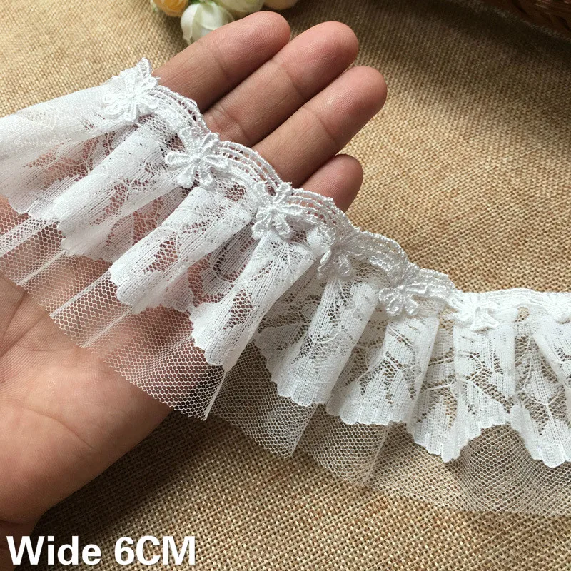 

6CM Wide Luxury White Mesh Embroidered Flowers Lace Ruffle Trim 3d Pleated Fringe Ribbon DIY Sewing Wedding Appliques Decoration