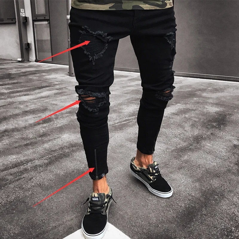 Fashionable jeans men's new black hole beggar elastic zipper men's Leggings
