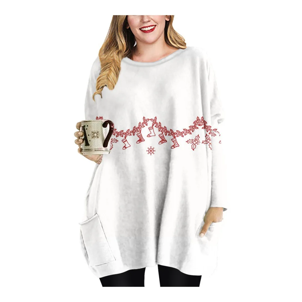 European and American spring and Autumn long pocket T-shirt plus-size women's Christmas Snowflake element round collar dress
European and American spring and Autumn long pocket T-shirt plus-size women's Christmas Snowflake element round collar dress