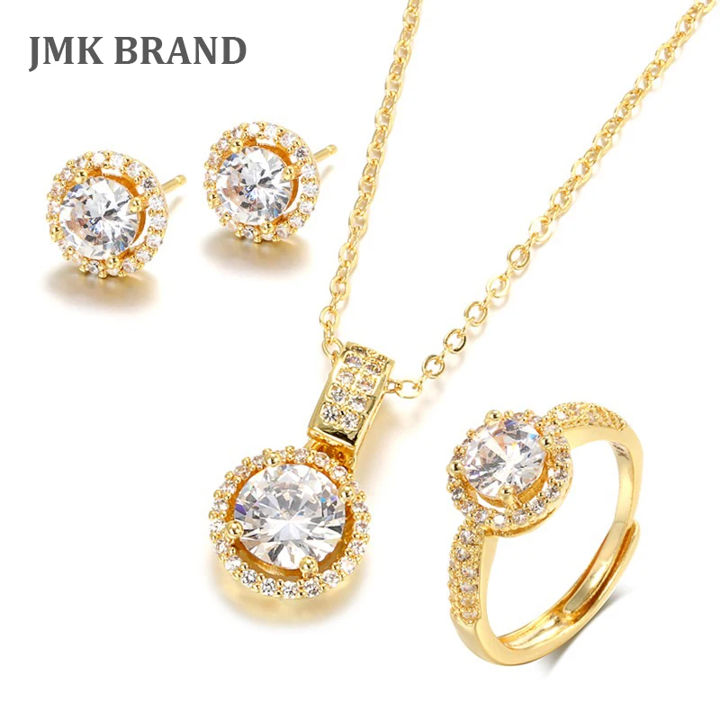 JMK Round Zirconia 18k Gold Jewelry Sets Necklace Earrings Rings Sets For Women Bridal Wedding Engagement Valentine's Day Gift
JMK Round Zirconia 18k Gold Jewelry Sets Necklace Earrings Rings Sets For Women Bridal Wedding Engagement Valentine's Day Gift