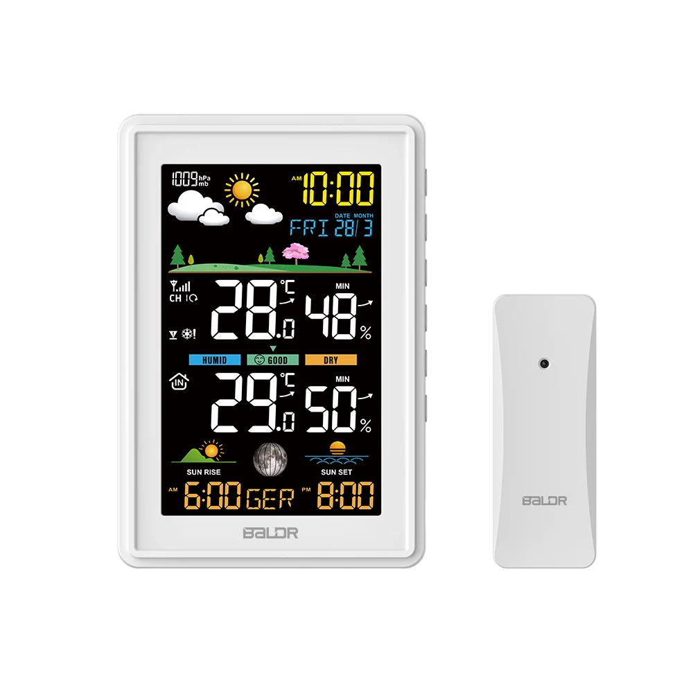 Wireless Weather Station Thermohygrometer Colorful Display with Moon Phase Function Frost Point Temperature Humidity Forecast
Wireless Weather Station Thermohygrometer Colorful Display with Moon Phase Function Frost Point Temperature Humidity Forecast