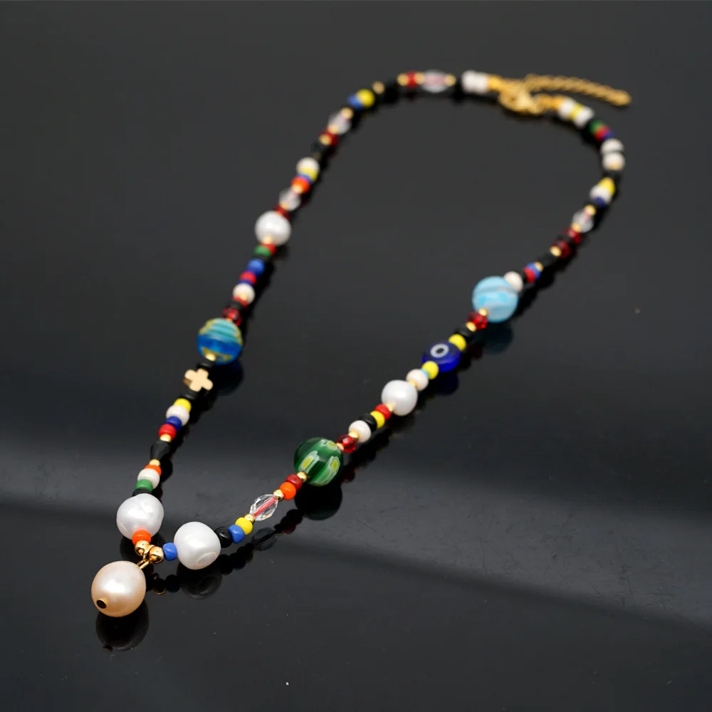 Natural Real Freshwater Pearls Crystal Simple Rainbow Rice Beads Murano Necklace 
Natural Real Freshwater Pearls Crystal Simple Rainbow Rice Beads Murano Necklace