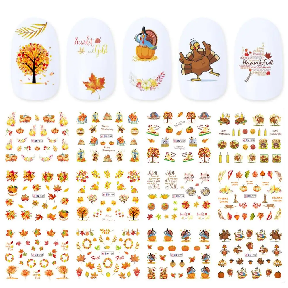 

12 Designs Water Transfer Nail Stickers Thanksgiving Nail Art Decal Harvest Holiday Autumn Maple Leaves Pumpkins Turkey