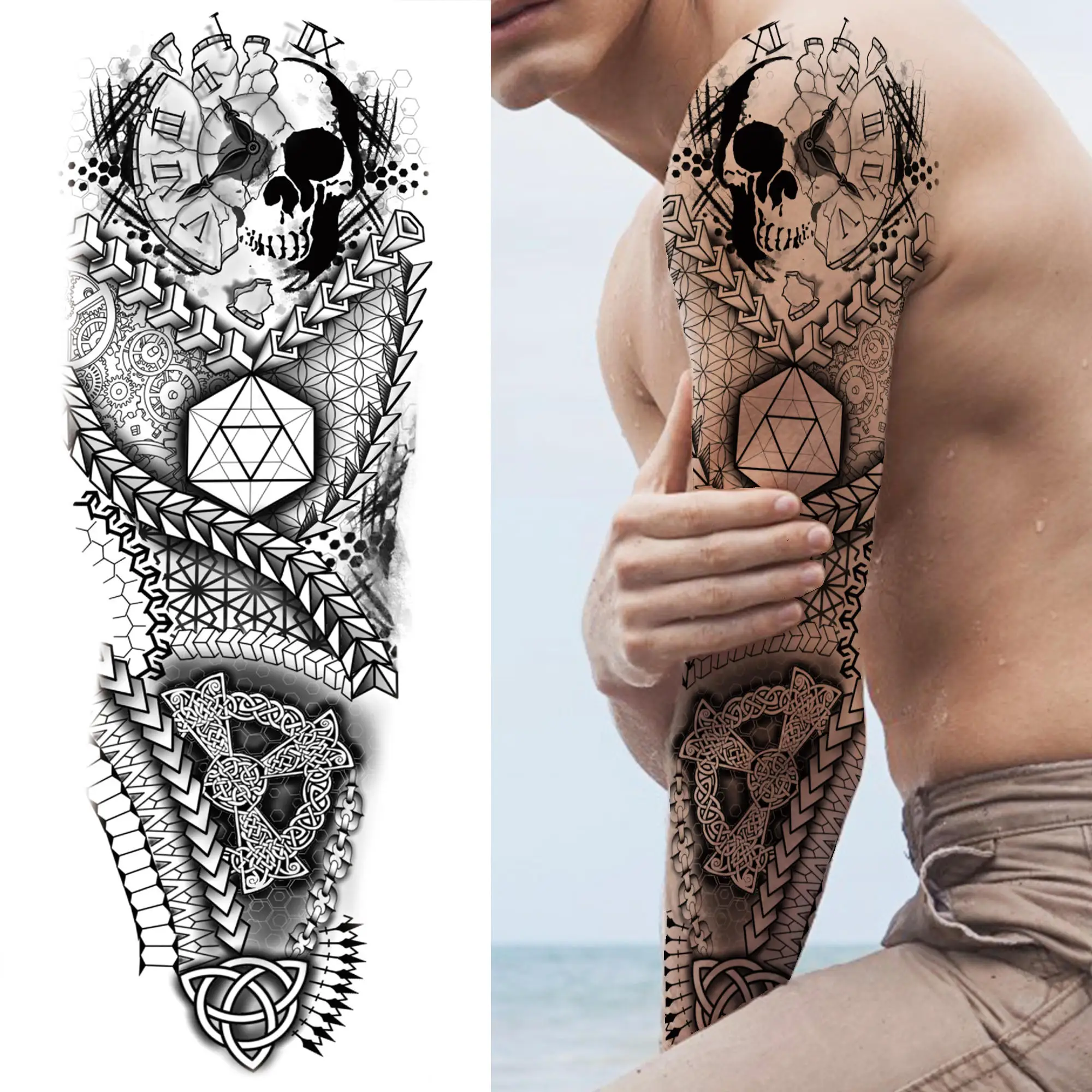 

Indian Compass Lion Compass Full Sleeves Temporary Tattoos For Women Men Skull Samurai Fake Tattoo Sticker Large Body Art Tatoos