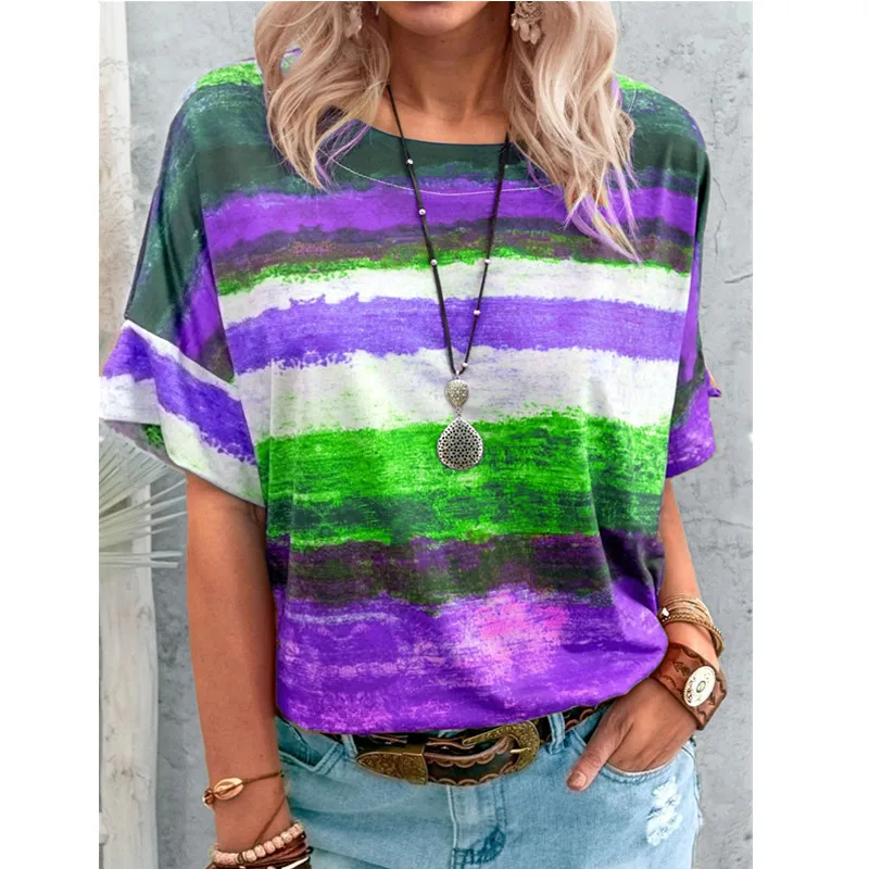 2021 Summer New Casual Rainbow Gradient Short Sleeve Loose Pullovers Women Elegant Round Neck Vintage Stripe Print Streetwear
2021 Summer New Casual Rainbow Gradient Short Sleeve Loose Pullovers Women Elegant Round Neck Vintage Stripe Print Streetwear
