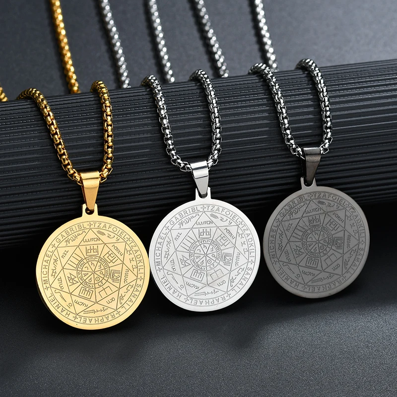 

3Colors Stainless Steel Round Totem Seals of The Seven Archangels Pendants Classic Trendy Religious Necklaces Unisex Gift 31MM