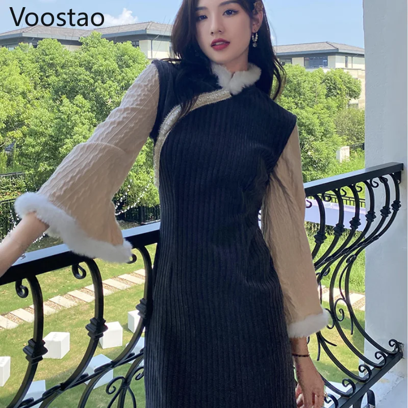 Autumn Winter Chinese Style Women Elegant Cheongsam Dress Plush Patchwork Qipao Party Dresses Lady Temperament Slim Vestidos
Autumn Winter Chinese Style Women Elegant Cheongsam Dress Plush Patchwork Qipao Party Dresses Lady Temperament Slim Vestidos