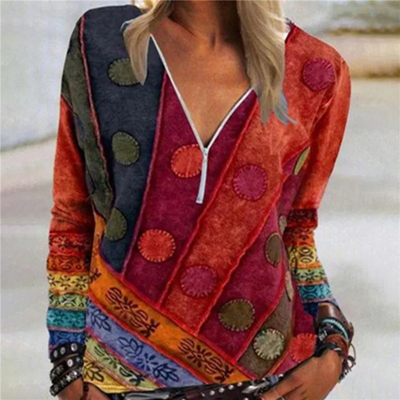 Women T-shirt 2021 Spring New Vintage Printed Zipper V Neck Long Sleeve Ladies Summer T-shirt Casual Top female
Women T-shirt 2021 Spring New Vintage Printed Zipper V Neck Long Sleeve Ladies Summer T-shirt Casual Top female