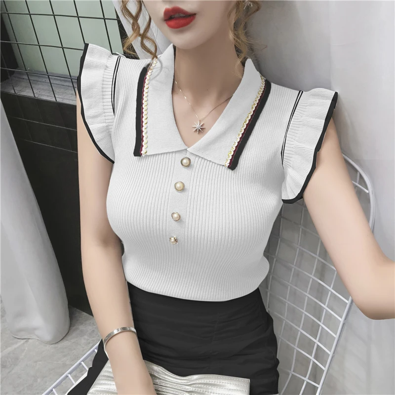 Women Turn-down Collar Knitted T-shirts Summer New Korean Fashion Slim Crop Tops Sleeveless Ruffles Knitwear Female Elegant Tops
Women Turn-down Collar Knitted T-shirts Summer New Korean Fashion Slim Crop Tops Sleeveless Ruffles Knitwear Female Elegant Tops