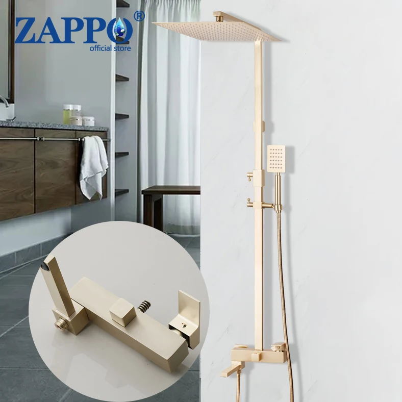 

Zappo 12Inch Brushed Golden Bathroom Shower Faucet Brass Rainfall Wall Mounted Bathtub Shower Head Handheld Faucet Shower Set