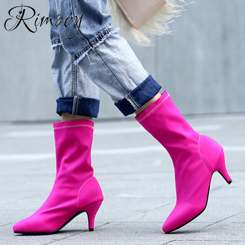 

Женские ярко-розовые сапоги Rimocy, женские осенние сапоги из эластичной ткани без застежек, модные сапоги на шпильке, привлекательная женская...