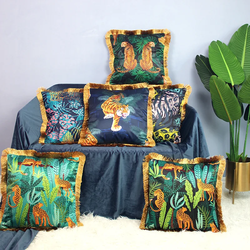 Luxury Silk Tropical Forest Animal Pillow Cover Golden Tassels Decoration Pillowcase Cushion Cover Home Decorative Pillowcase 
Luxury Silk Tropical Forest Animal Pillow Cover Golden Tassels Decoration Pillowcase Cushion Cover Home Decorative Pillowcase