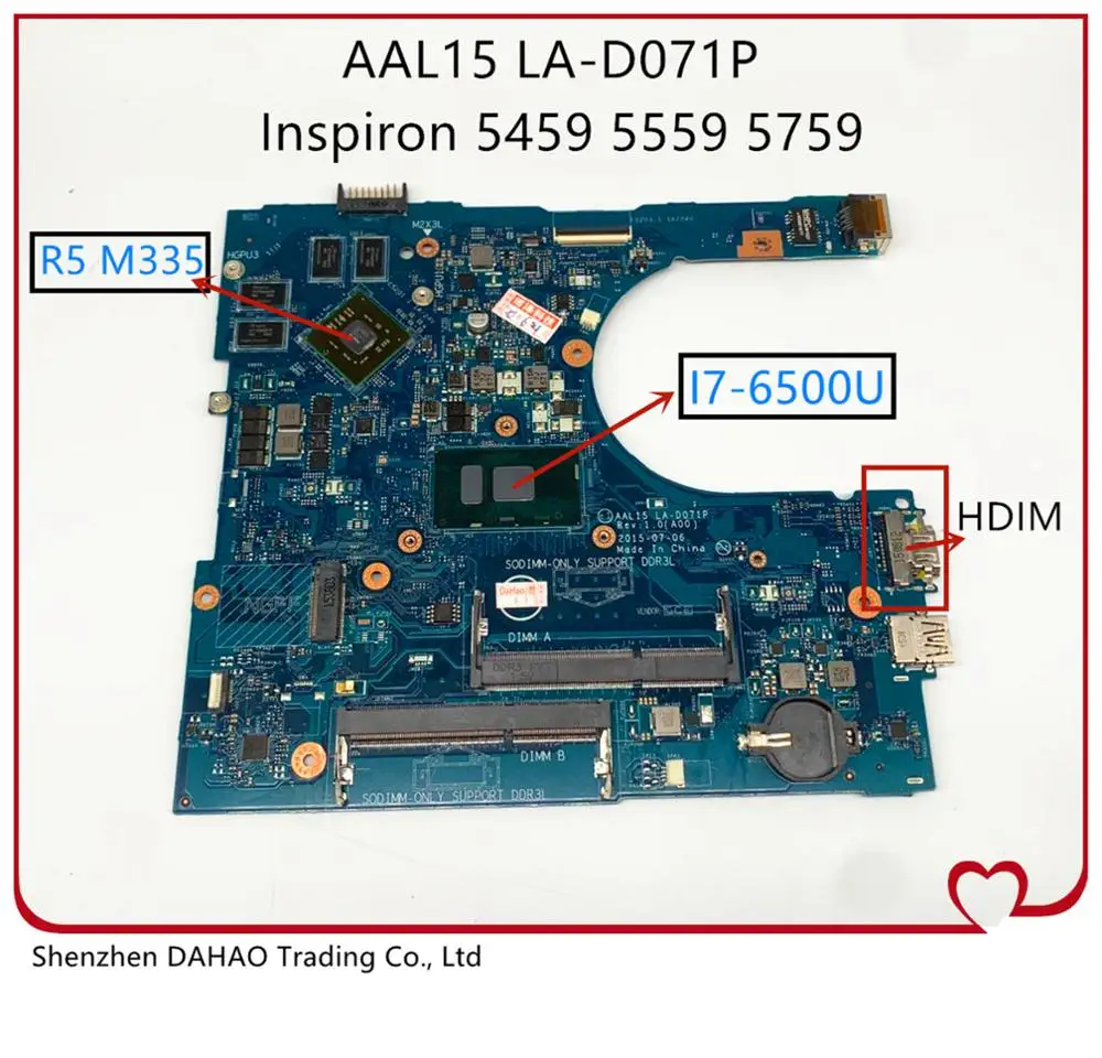 

For DELL Inspiron 5459 5759 15 5559 I7-6500U Laptop motherboard,With R5 M335 GPU CN-0F1J0W 0F1J0W AAL15 LA-D071P 100% Test OK