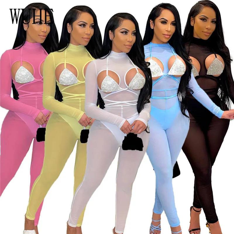 WUHE Mesh Elasticity 2 Sets See Through Long Sleeve O Neck Hollow Out Package Hip Slim Jumpsuits and Halter Bra Club Party Wear
WUHE Mesh Elasticity 2 Sets See Through Long Sleeve O Neck Hollow Out Package Hip Slim Jumpsuits and Halter Bra Club Party Wear