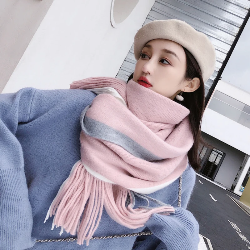 

40*200CM Women Autumn Winter Plaid Scarf Cashmere knitted Thicken Blanket Warm Soft Shawls And Wraps Pashmina Bandana