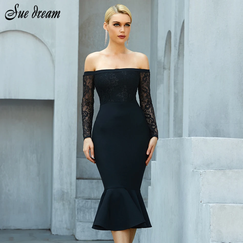 2021 Fall New Light Luxury Black Sweet One Shoulder Pure Color Bandage Dress Lace Sleeve Fishtail Midi Cocktail Party Dress
2021 Fall New Light Luxury Black Sweet One Shoulder Pure Color Bandage Dress Lace Sleeve Fishtail Midi Cocktail Party Dress