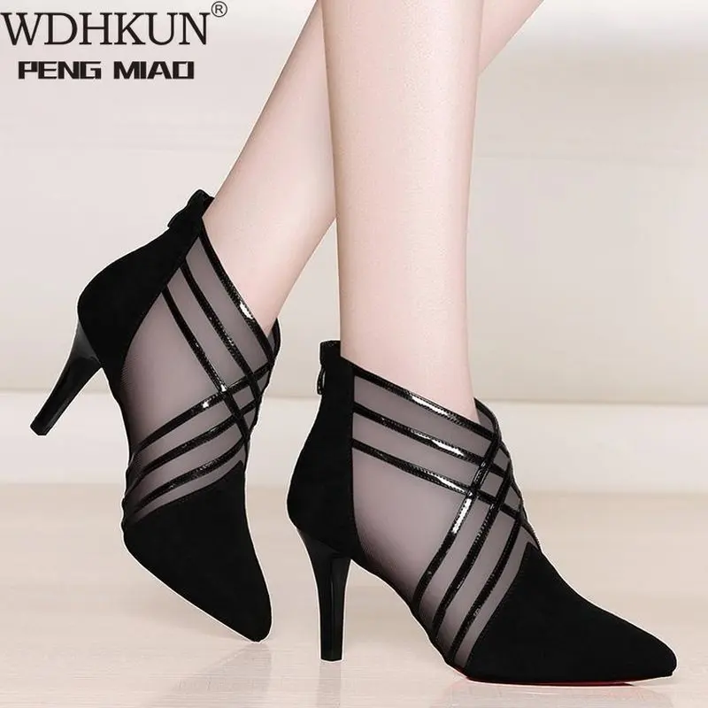 

Fashion Mesh Lace Crossed Stripe Women Ladies Casual Pointed Toe High Stilettos Heels Pumps Feminine Mujer Sandals Shoes