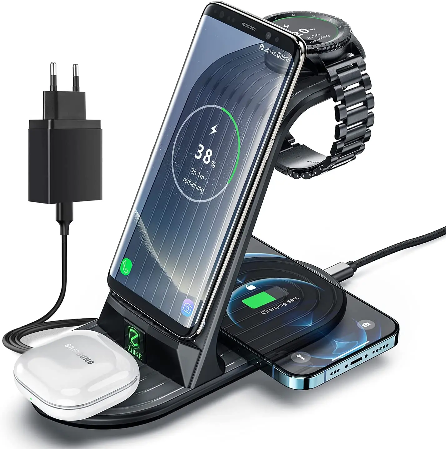 Wireless Charger, 4 in 1 Fast Charging Station for Samsung Galaxy Watch 3/Gear/Buds/Note 20/S21 for iPhone 12/11 Pro Max/AirPods
Wireless Charger, 4 in 1 Fast Charging Station for Samsung Galaxy Watch 3/Gear/Buds/Note 20/S21 for iPhone 12/11 Pro Max/AirPods