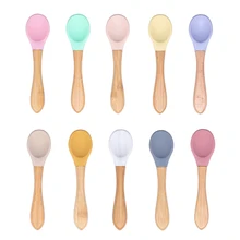Baby Wooden Spoon Silicone Wooden Baby Feeding Spoon Organic Soft Tip Spoon BPA Free Food Grade Material Handle Toddlers Gifts